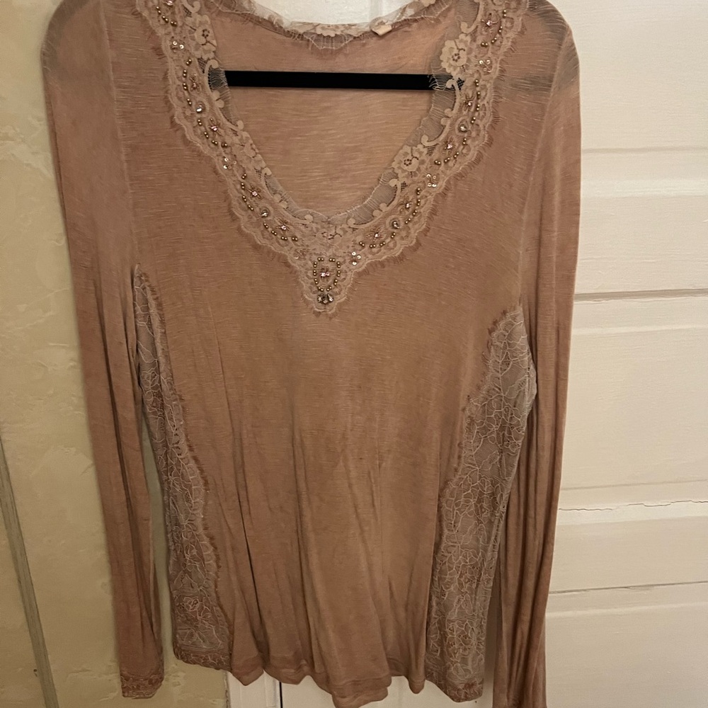 Elegant Lace Trimmed Tan Top